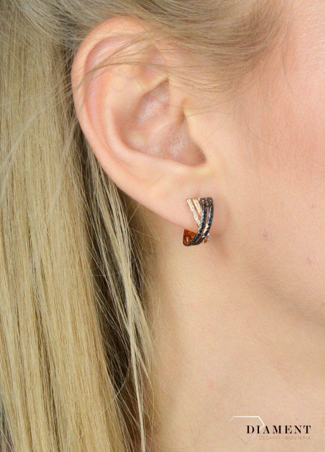 Złote kolczyki DIAMENT różowe złoto, białe i czarne diamenty 0660027070 HSI..jpg